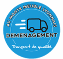 Logo bleu Au Monte Meuble Lyonnais: camion de déménagement avec texte "DEMENAGEMENT" et "Transport de qualité".