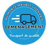 Logo bleu Au Monte Meuble Lyonnais: camion de déménagement avec texte "DEMENAGEMENT" et "Transport de qualité".