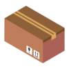 Carton de livraison marron scellé, avec pictogrammes "fragile" et "haut" visibles.