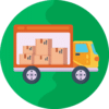 Camion de livraison jaune transportant des cartons empilés dans sa benne sur un fond vert. Icône de transport et logistique de colis.